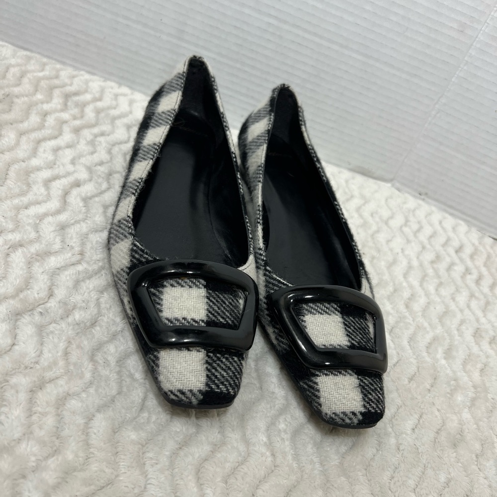 Delman Women’s Size 8.5M Plaid Black White Cotton Flat Mocassin Dress Shoes